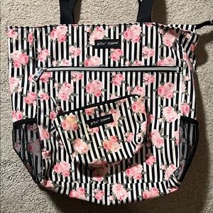 Betsey Johnson Pink Floral and Black Stripe Tote Set
